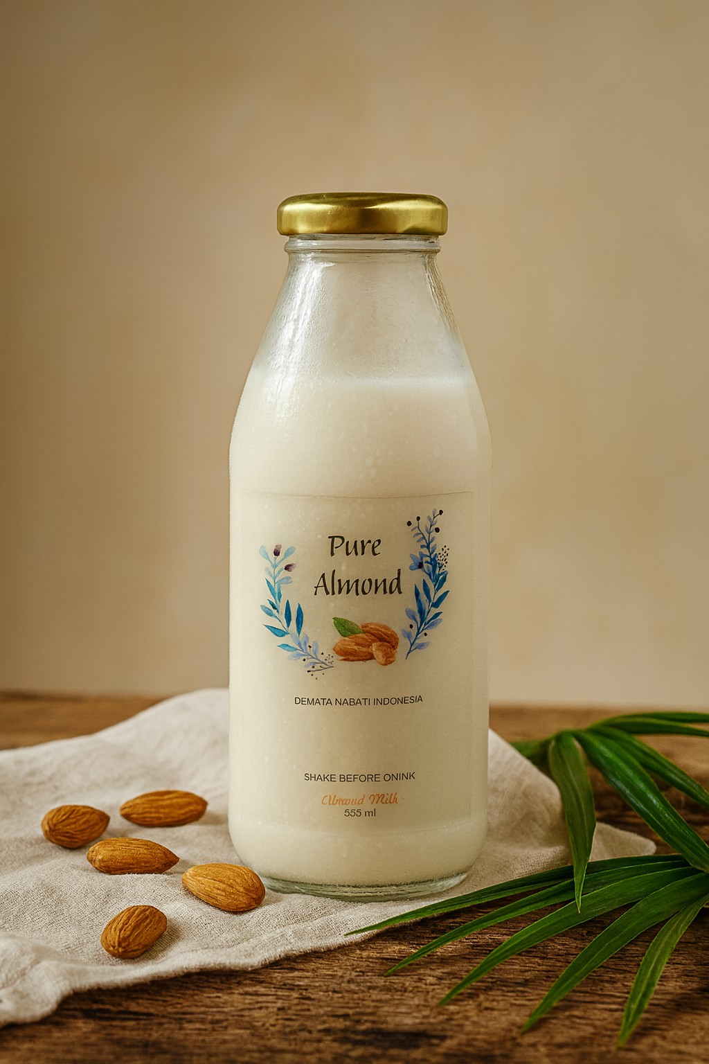 Pure Almond glass bottle with milk splash
